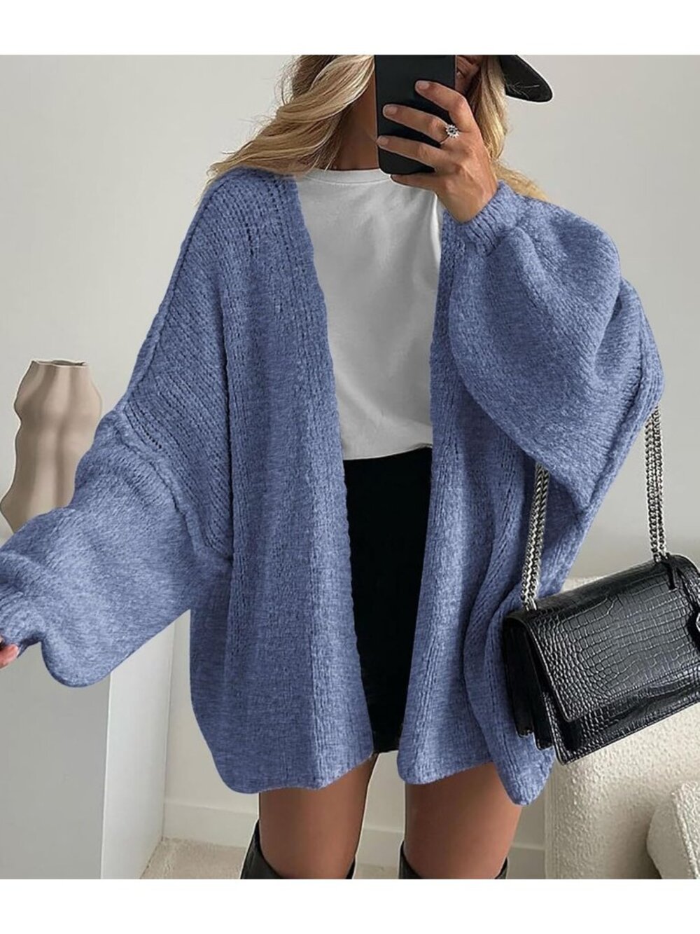 Women's Haze Blue Soft Chunky Knit Baggy Loose Fit Open Front Oversized Sweater - Picture 3 of 6